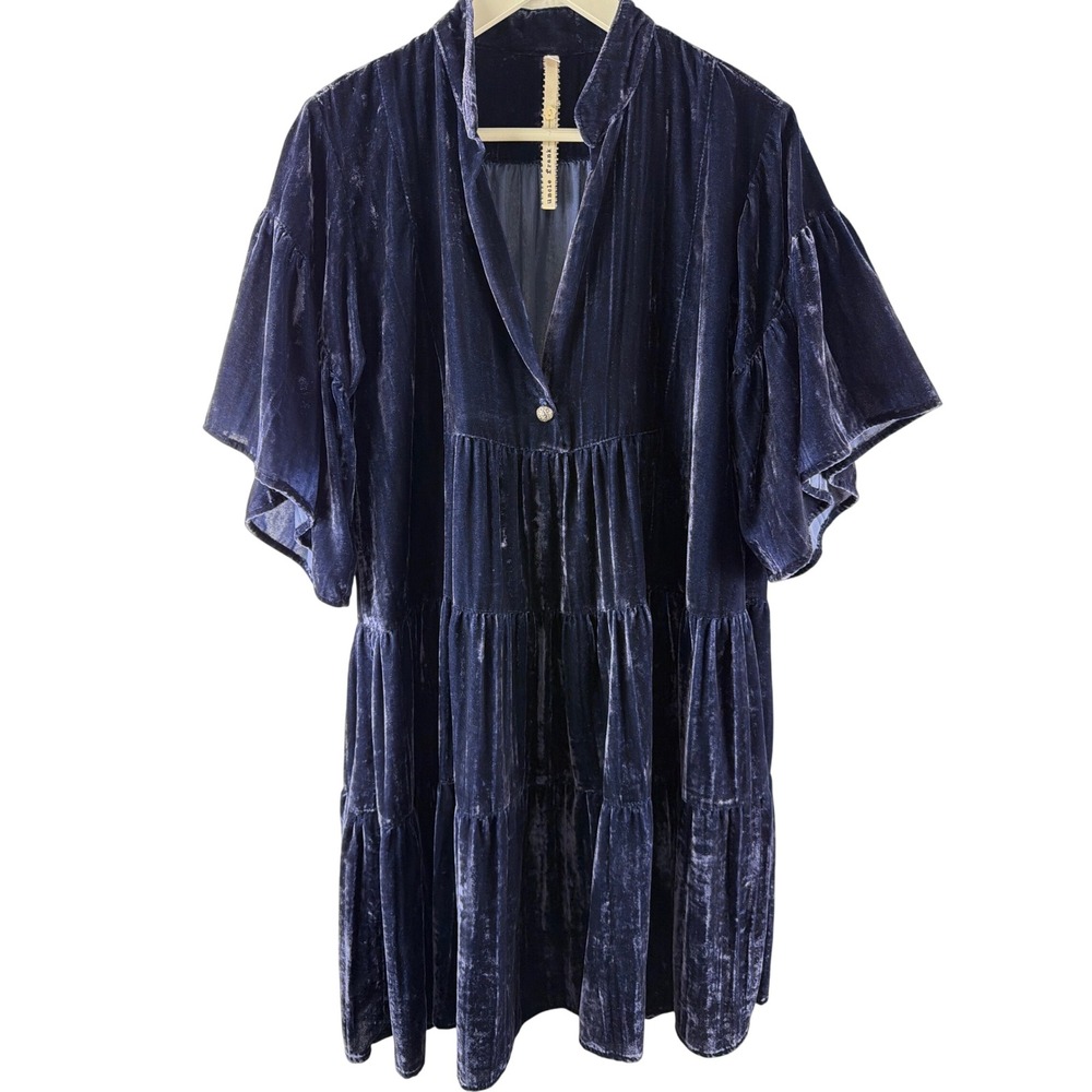 Uncle Frank Navy Blue Velvet Tiered Babydoll Dress Flared Bell Sleeve Womens‎ S